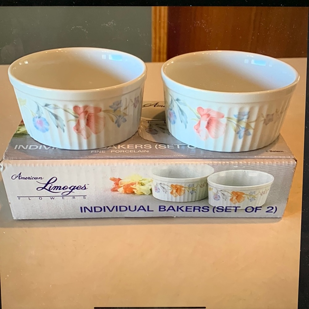 American Limoges Flowers Individual Bakers Set of 2